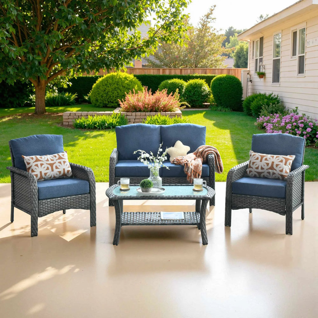 Ovios 4 Pieces Wicker Outdoor Patio Furniture with Coffee Table High Back All-Weather Rattan Outdoor Sectional Conversation Set for Backyard Porch Garden, Denim Blue