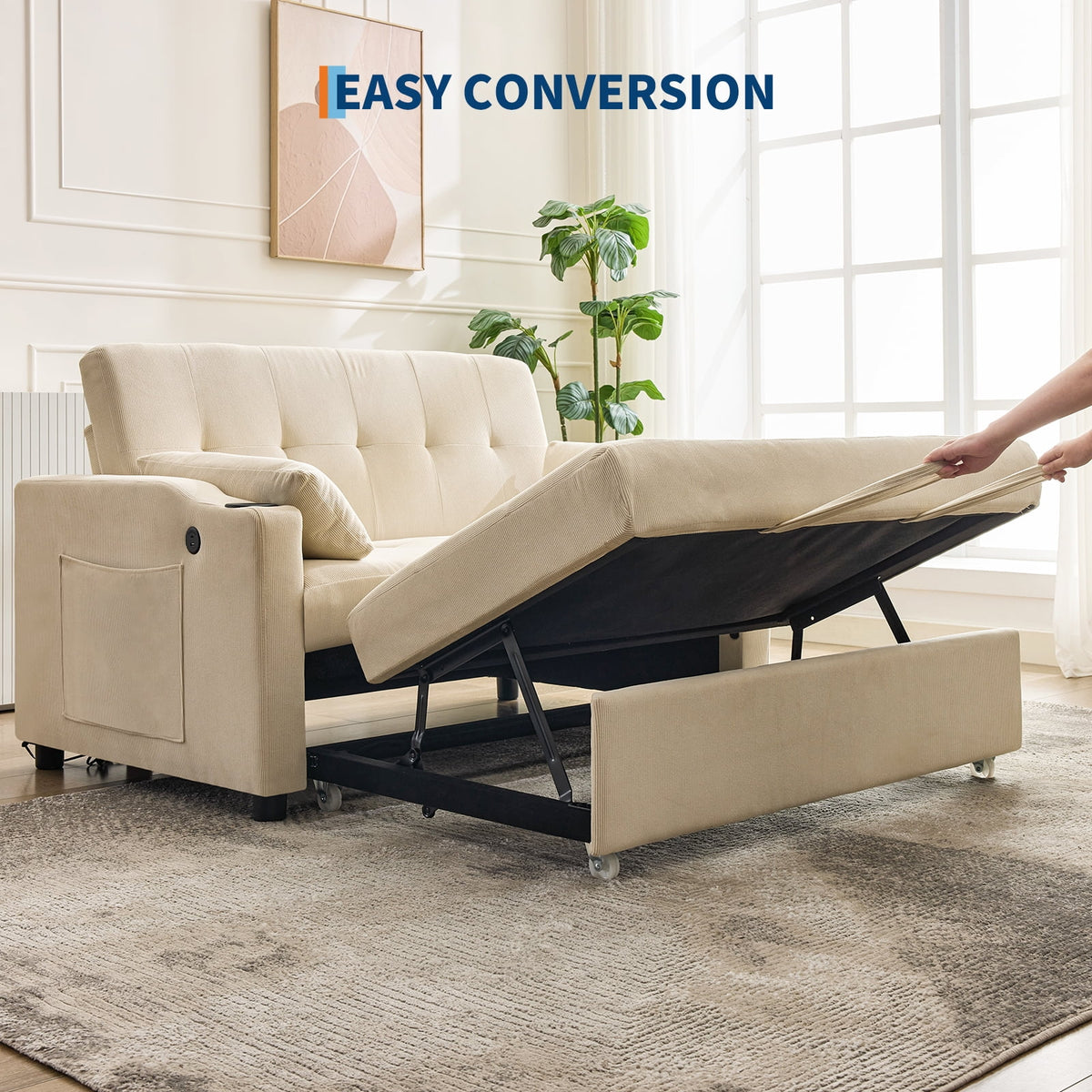 3 in 1 Convertible Sleeper Sofa Bed, Corduroy Futon Couches with Pull - Out Bed, Adjustable Backrest, Charging Port & Side Pockets, Modern Upholstered Sofa for Living Room, Guest Room