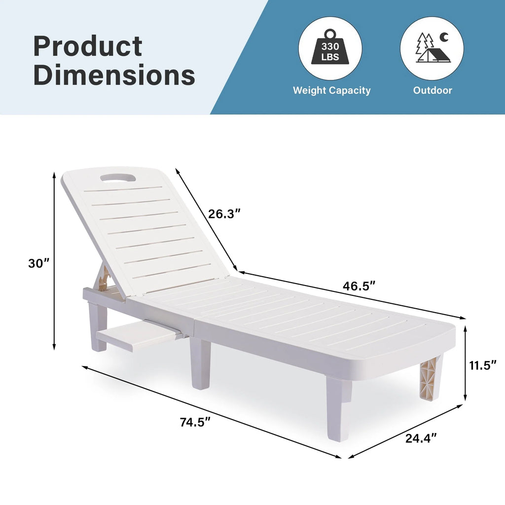 Patio Lounge Chair Set of 2, Adjustable Chaise with Side Table, Outdoor Lounger Recliner for Poolside, Patio, Backyard, Wood Texture Design | Waterproof | Easy to Assemble | Max Weight 330 lb White