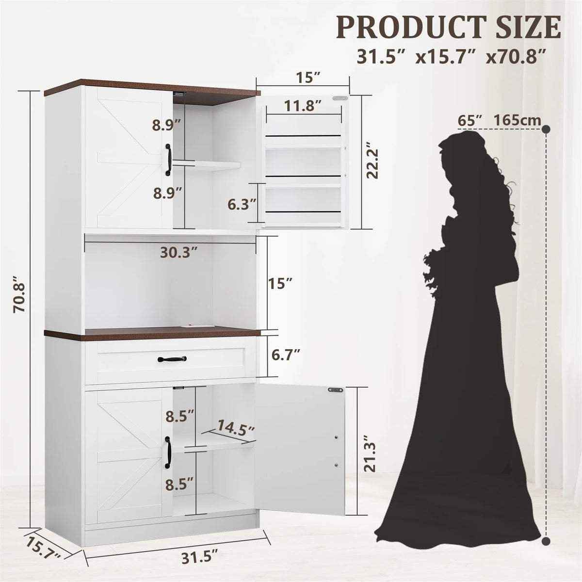 Planntonneo 71'' Tall Kitchen Pantry Storage Hutch Cabinet with Doors and Shelves, Grey Oak