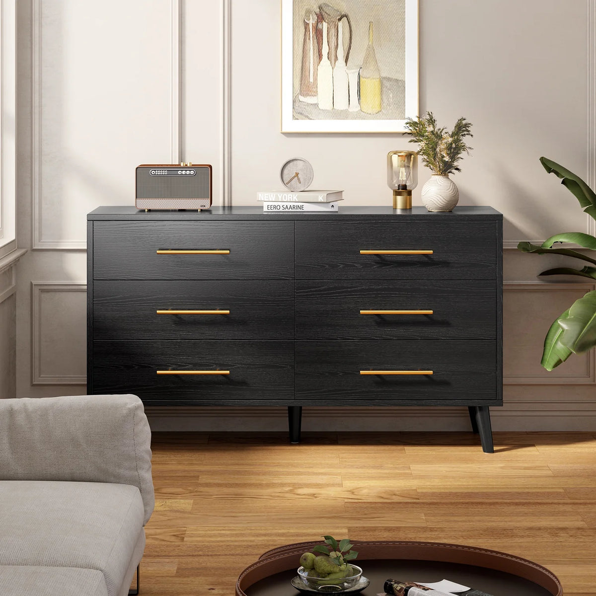 Noelse 3 Piece Bedroom Furniture Set, 6 Drawer Dresser with 2 Nightstands, Modern Wood Storage Organizer with Metal Handles for Bedroom, Living Room, Black