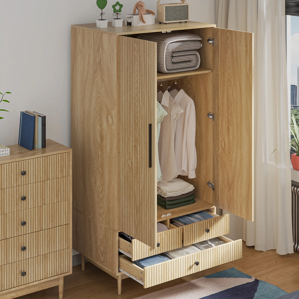 Oubayajia Wardrobe Armoire Closet, 2 Fluted Doors Wardrobe Cabinet with 3 - Drawer and Hanging Rod, Wood Wardrobe Storage for Bedroom