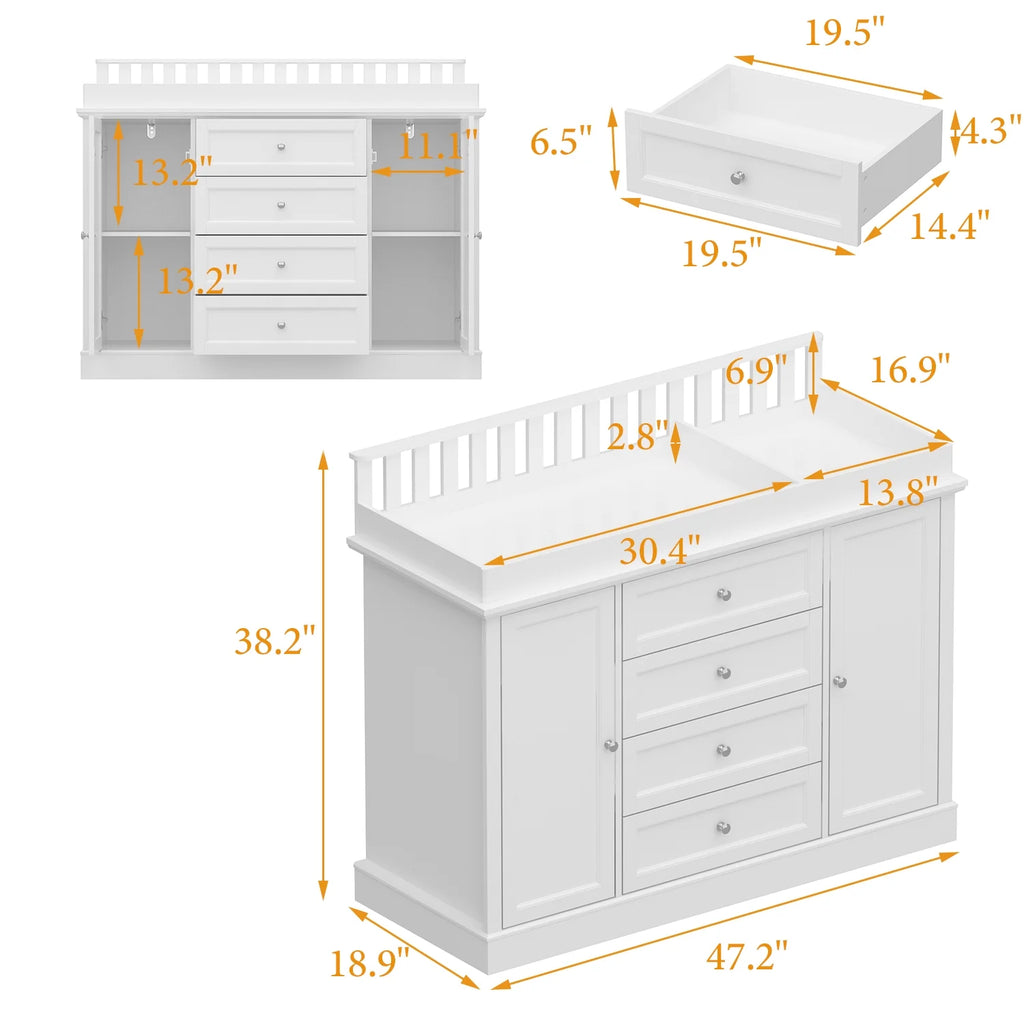 OXYLIFE 45" Baby Nursery Changing Table Dresser with 4 Drawers and Shelf for Nursery Room, White