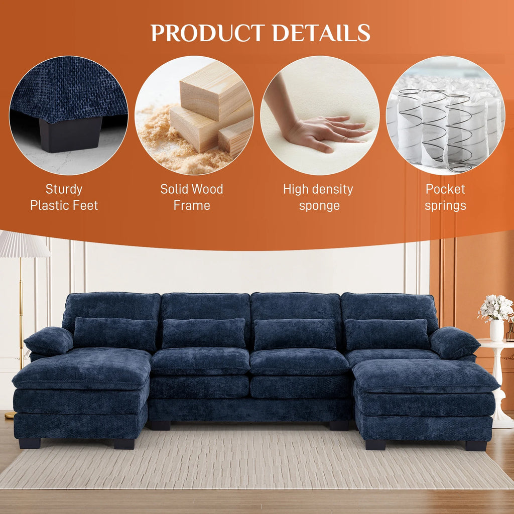 Rophefx 114.3" U Shaped Sectional Couches for Living Room, Cloud Couch, 4 Seats Chenille Couch with Double Layer Cushion, Orange