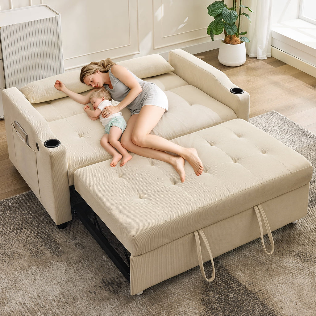 3 in 1 Convertible Sleeper Sofa Bed, Corduroy Futon Couches with Pull - Out Bed, Adjustable Backrest, Charging Port & Side Pockets, Modern Upholstered Sofa for Living Room, Guest Room