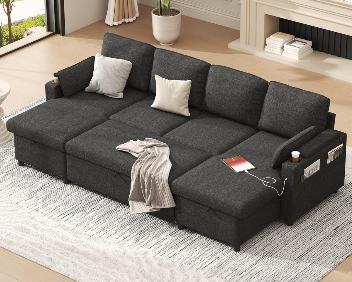L-Shaped Pull-Out Sleeper Sofa with Storage, USB and Cup Holders