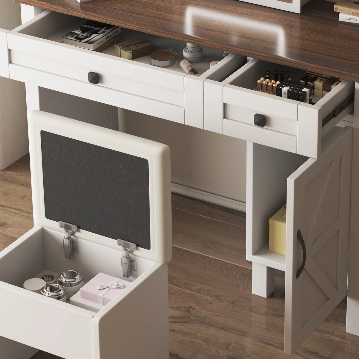 Montary Modern Mini Vanity W/Adjustable LED Mirror + Hidden Storage, Padded Stool & Dustproof Shelves (White)