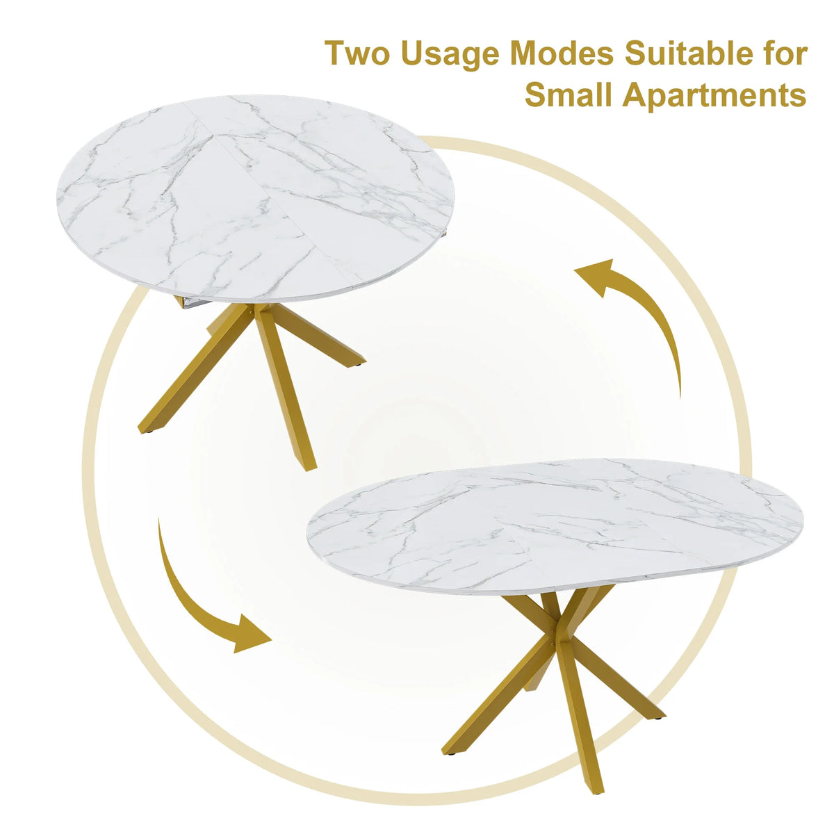 UHOMEPRO Extendable Dining Table with Extendable Blades, Modern Round Kitchen Table with Faux Marble Tabletop, Single Dining Room Table with Carbon Steel X - Shaped Base for Dining Room, White+Gold