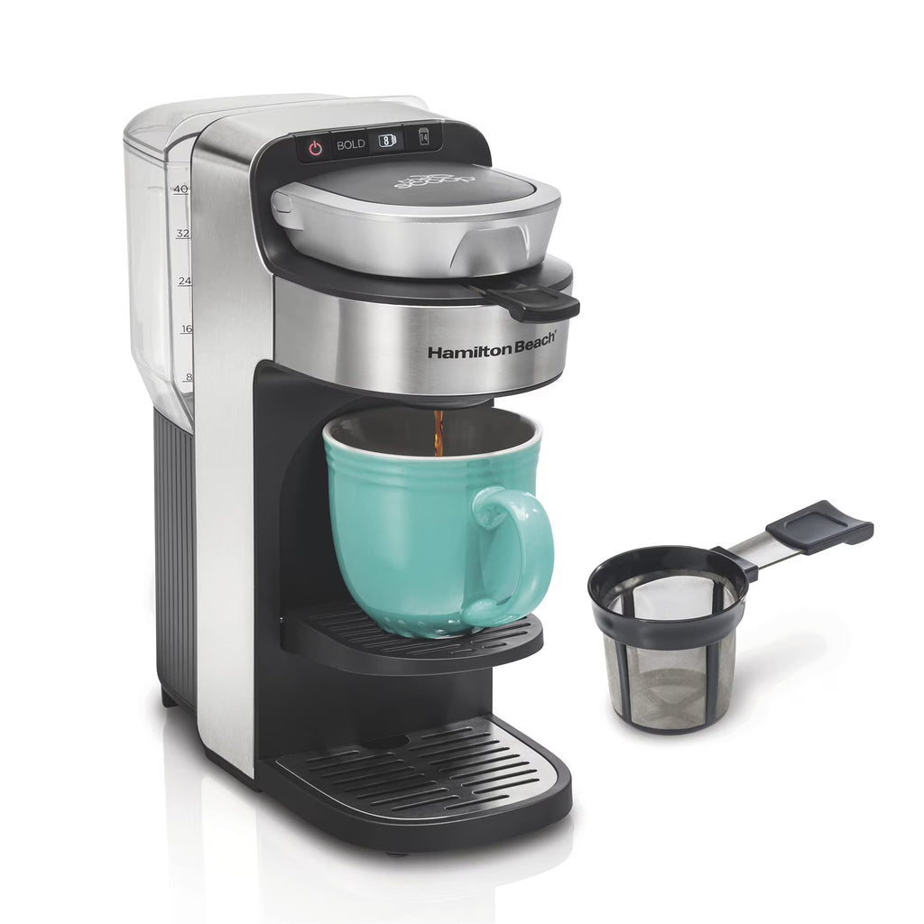 The Scoop Single Serve Coffee Maker & Fast Grounds Brewer for 8 - 14 oz. Cups, Brews in Minutes, 40 oz. Removable Reservoir, Stainless Steel (49987), Silver