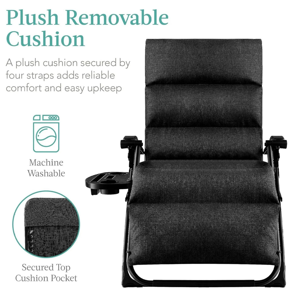 Oversized Chair, Folding Outdoor Patio Recliner, XL Anti Gravity Lounger W/Removable Cushion, Cup Holder, Side Tray, 350 lb Capacity - Taupe