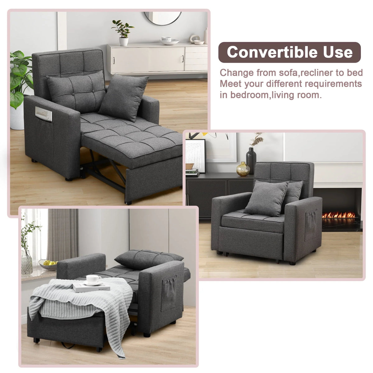 Tolead 3 - in - 1 Convertible Sofa Bed Sleeper Chair with Adjustable Backrest, Gray