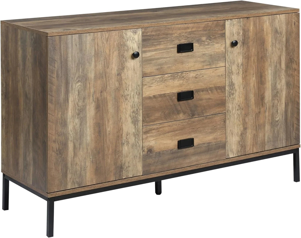 Industrial Sideboard with Two Cabinets and Three Drawers, Distressed Brown