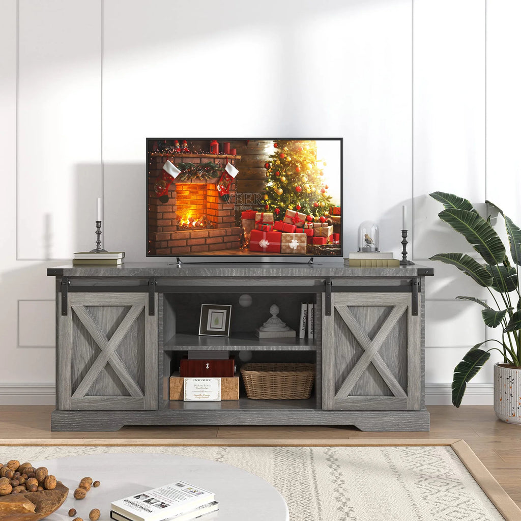 Chvans Farmhouse Barn Door TV Stand for up to 65" Tvs & 23" Electric Fireplace, Entertainment Center Console Table with Adjustable Shevles