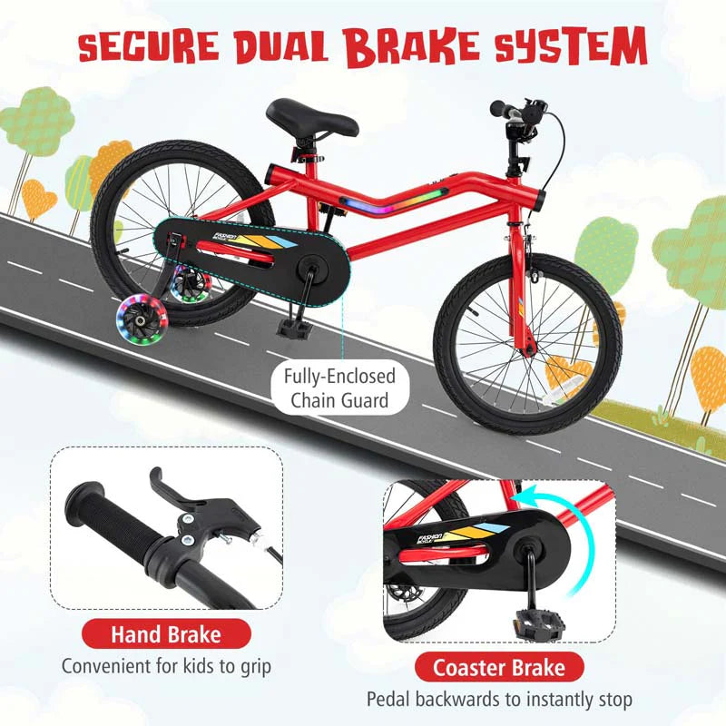 16/18 Inch LED Lighted Kids Bike with Training Wheels, Headlight, Adjustable Seat & Dual Brakes, Children Bicycle for Ages 4-8 Years