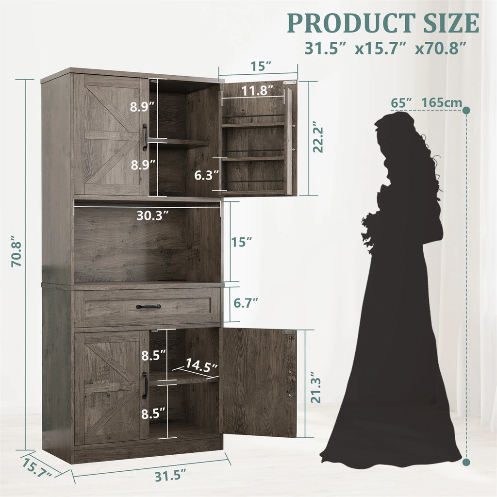 Planntonneo 71'' Tall Kitchen Pantry Storage Hutch Cabinet with Doors and Shelves, Grey Oak