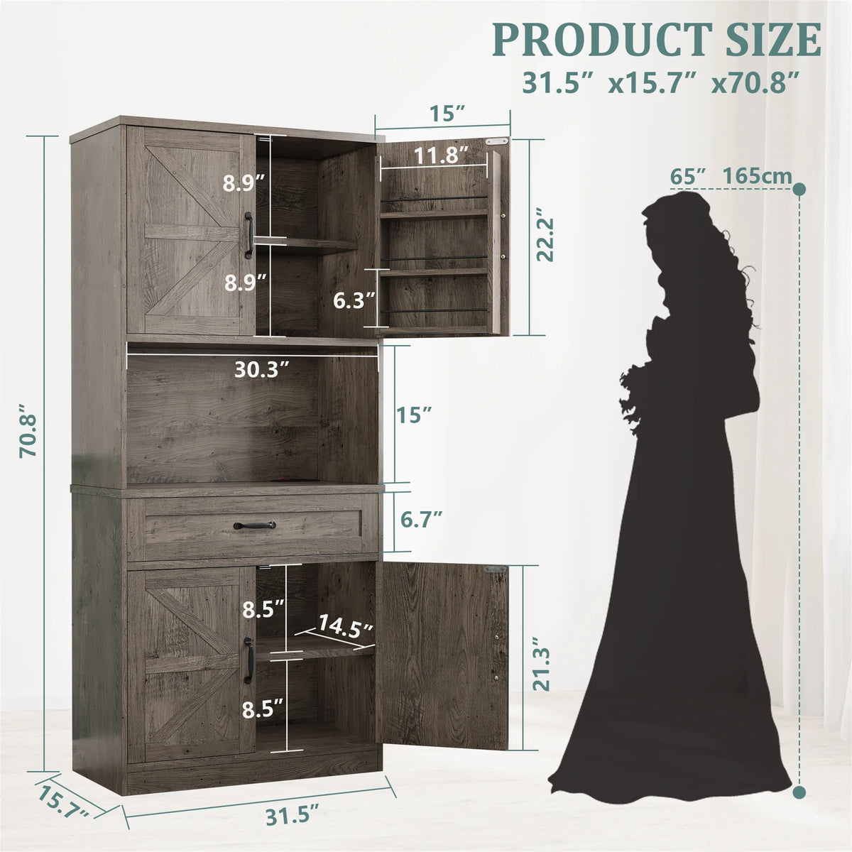 Planntonneo 71'' Tall Kitchen Pantry Storage Hutch Cabinet with Doors and Shelves, Grey Oak