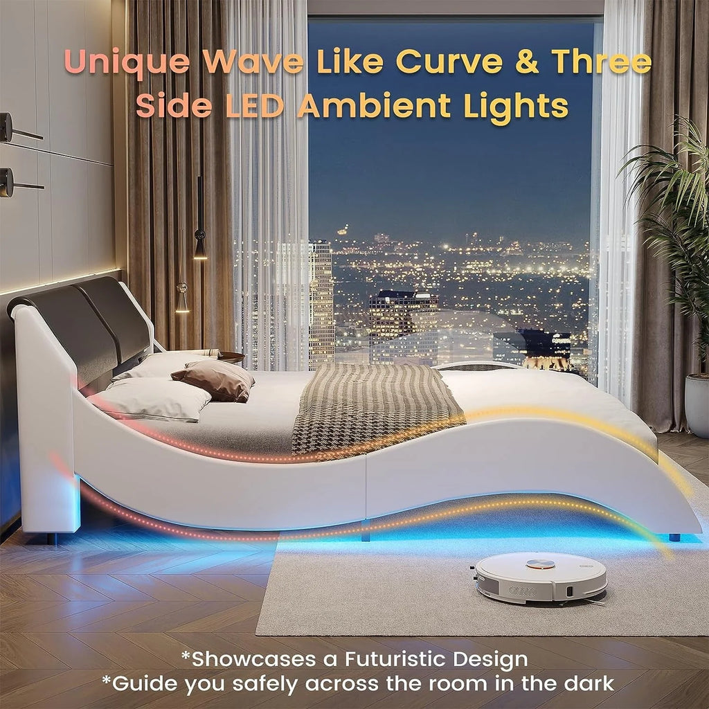Queen Size Bed Frame with LED Lights, Modern Platform Bed Frame with Upholstered Headboard, Faux Leather Wave Like Low Profile Bed Frame, No Box Spring Needed, Black