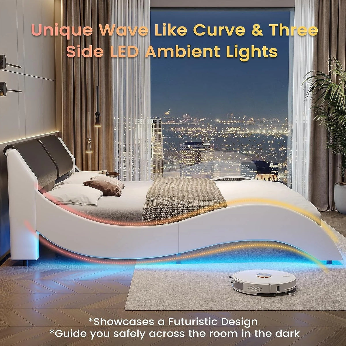 Queen Size Bed Frame with LED Lights, Modern Platform Bed Frame with Upholstered Headboard, Faux Leather Wave Like Low Profile Bed Frame, No Box Spring Needed, Black