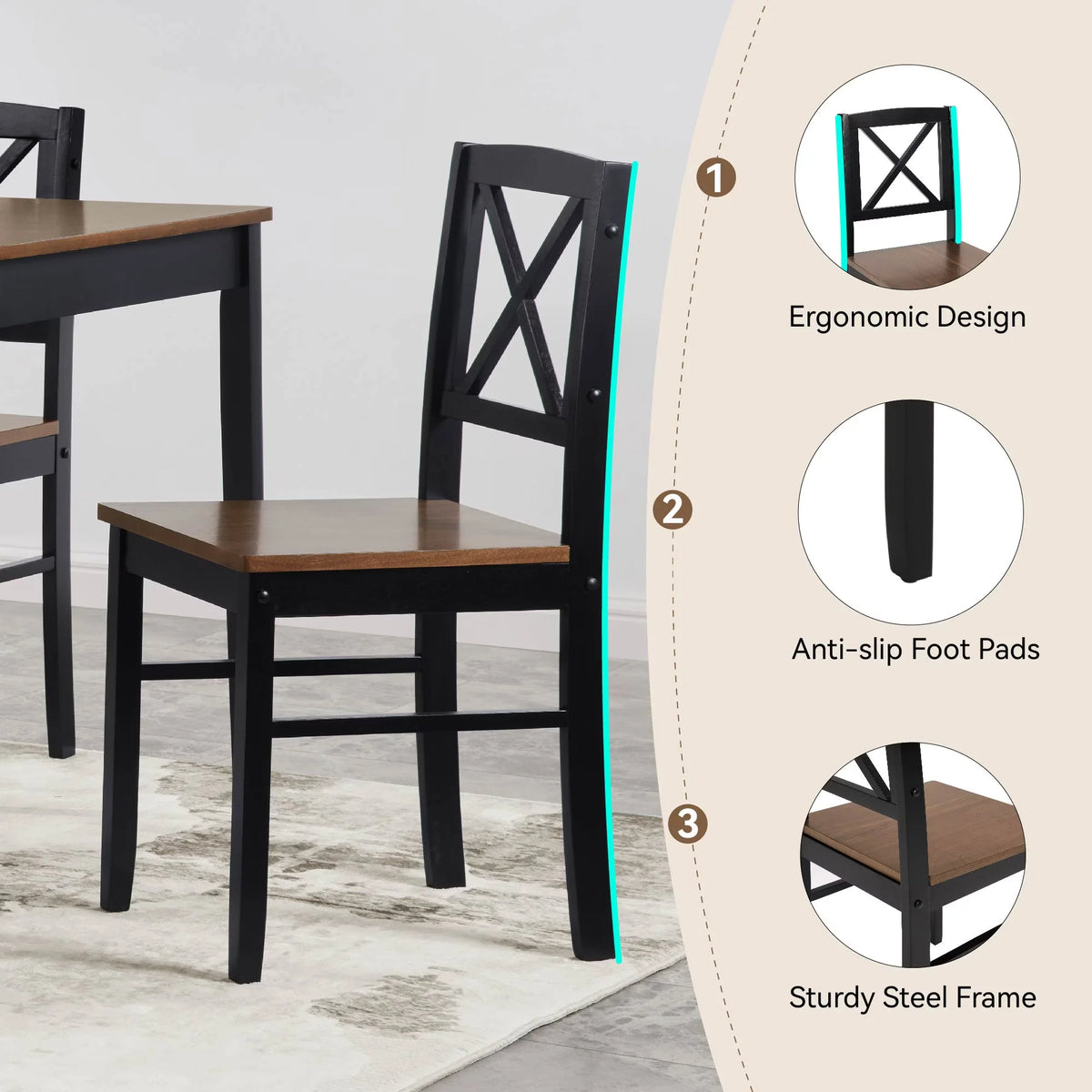 Seizeen Solid Wood Kitchen Table and Chairs, Dining Room Table Set for 4 with Gray Upholstered Chairs, Wood Grain Table Heavy - Duty Frame, Rustic Minimalist Style Breakfast Nook Set