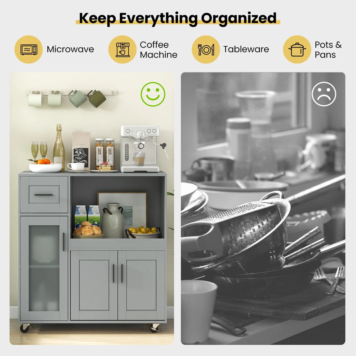 Topbuy Rolling Kitchen Island with Wheels Kitchen Cart?with Drawer and Glass Door Cabinet