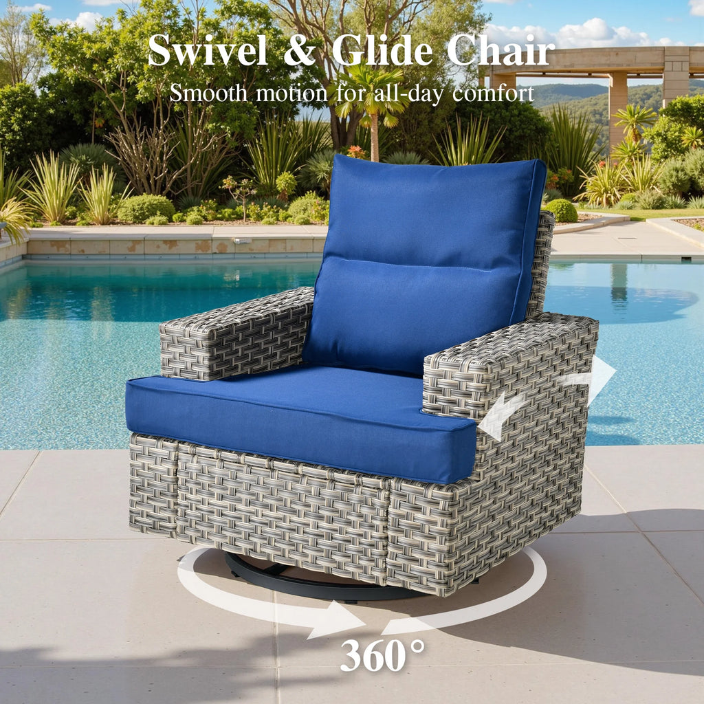 Ovios 10 Pieces Outdoor Patio Furniture Modern High - Back All - Weather Wicker Sectional Conversation Set with Propane Fire Pit Table & Swivel Chair, Dark Gray