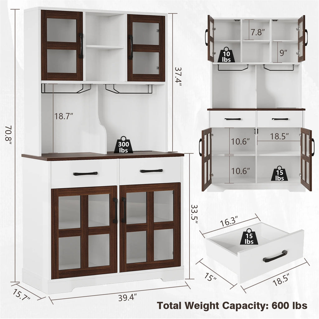 Planntonneo 71'' Tall Kitchen Pantry Storage Hutch Cabinet with Doors and Shelves, Grey Oak
