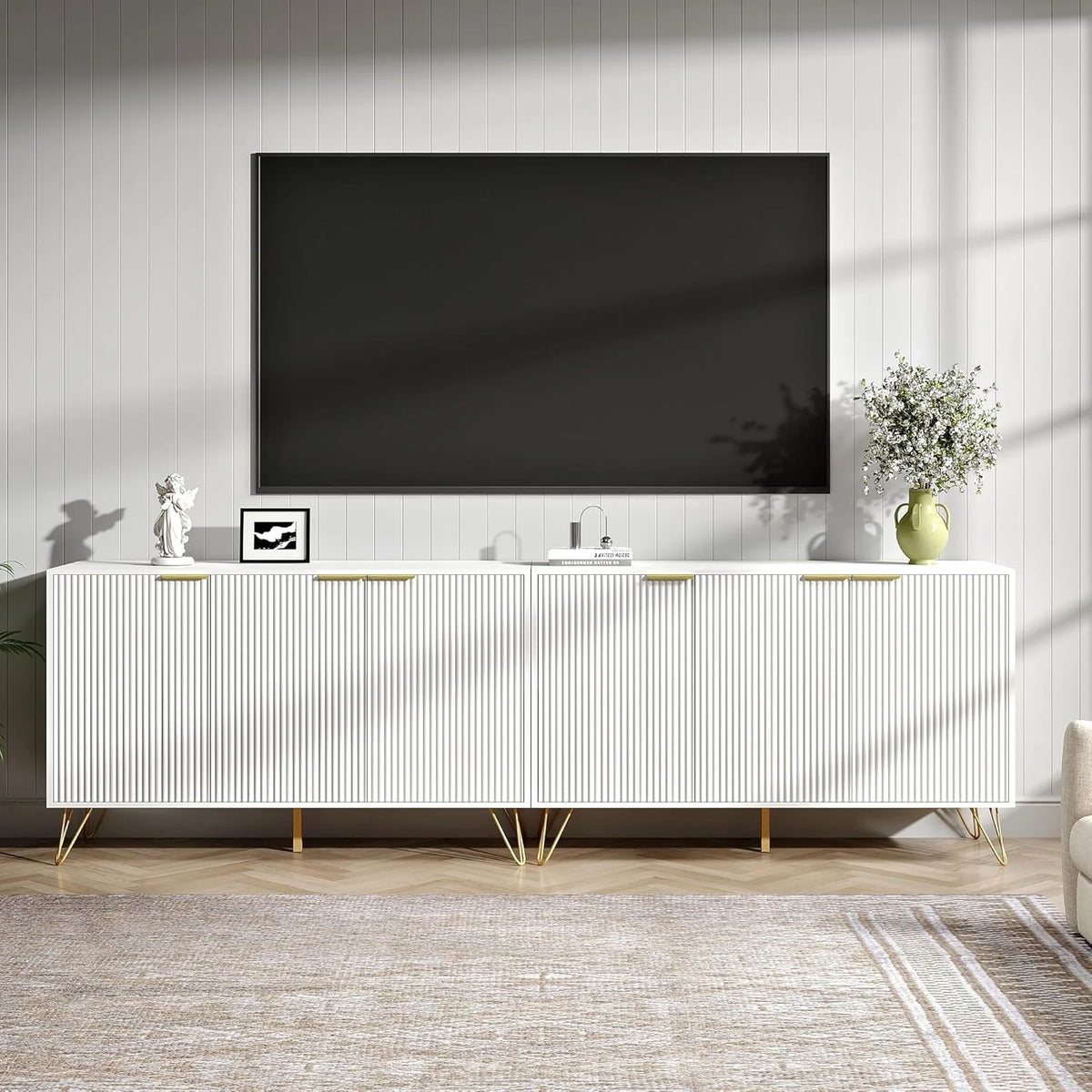 Fluted TV Stand for 100 in TV, Modern TV Stand Console, White Entertainment Center with Storage Cabinets, Adjustable Shelves & Gold Handles, Wood Media Cabinet for Living Room