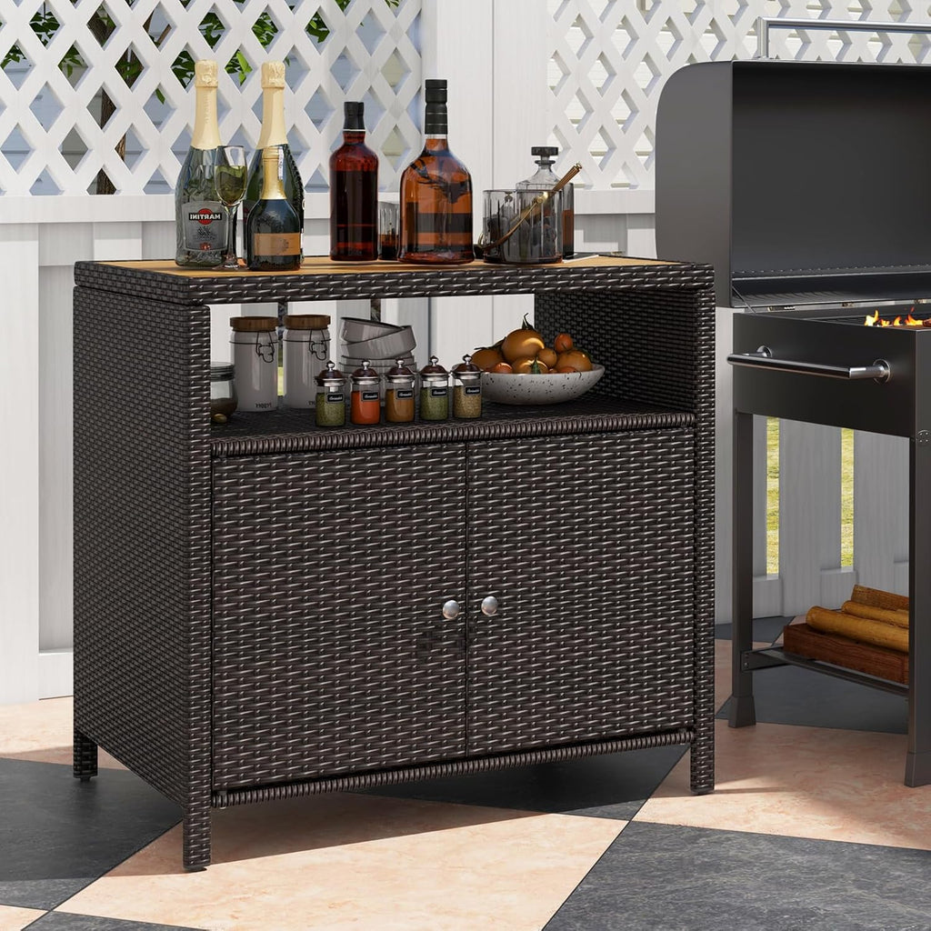 Outdoor Rattan Storage Cabinet with Acacia Wood Top, Mixed Brown
