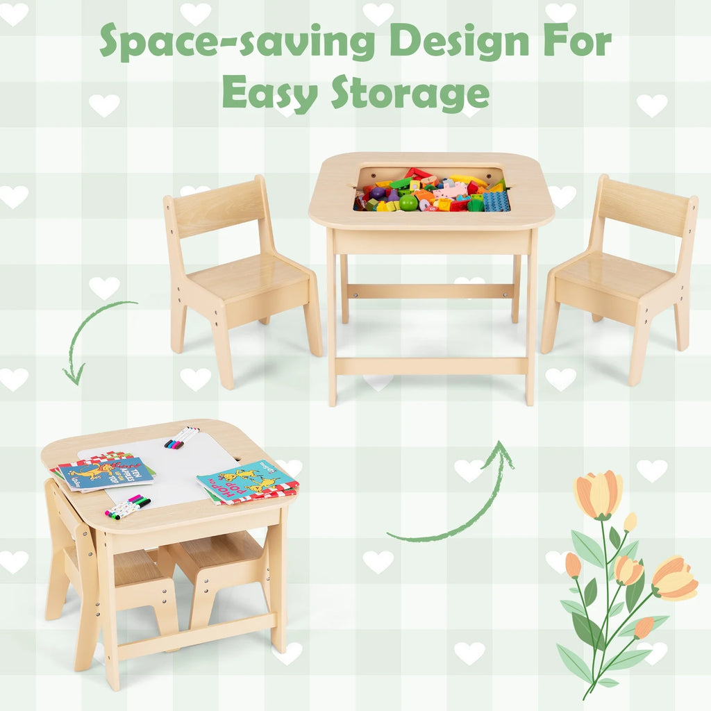 OLAKIDS Kids Table and Chair Set, 3 in 1 Wooden Activity Table with Removable Tabletop, Blackboard and Whiteboard for Toddlers Arts Crafts Drawing Reading Playing, Playroom Nursery (Natural)
