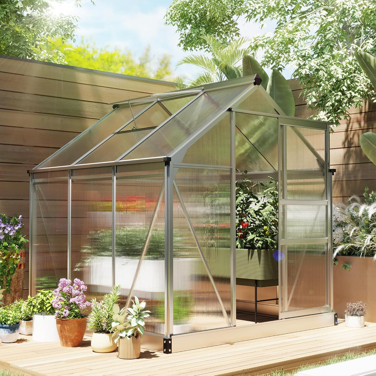 Walk-In Polycarbonate Greenhouse with Sliding Door and Roof Vent