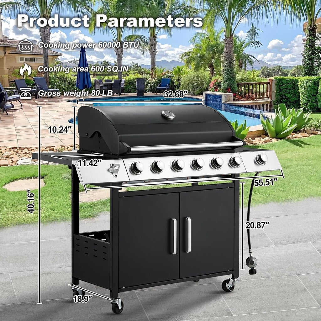 Upgraded 4 Burner Bbq Propane Gas Grill with Cast Iron Grates & Side Stove, 44,000 btu Stainless Steel Burner Barbecue Grill for Patio,…