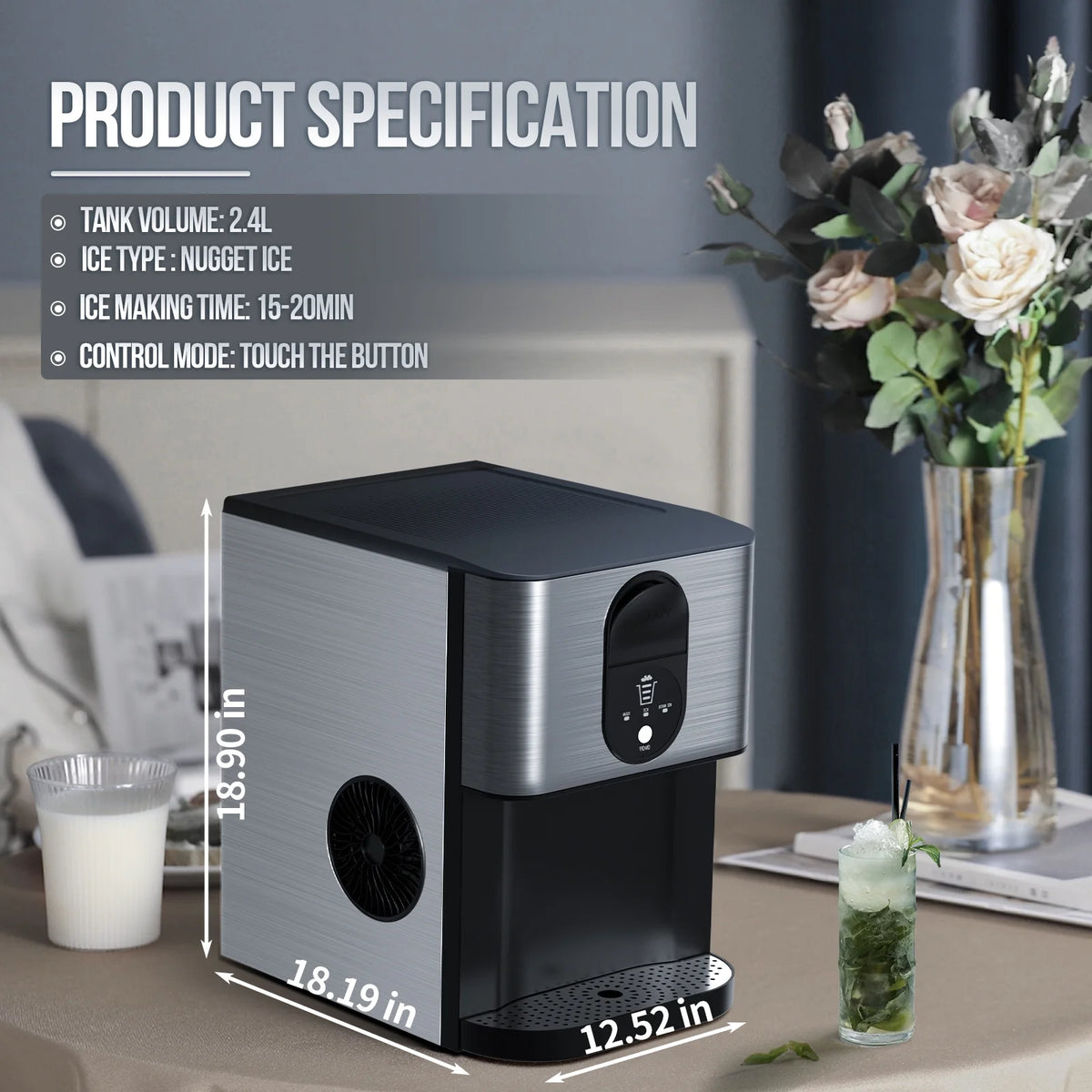 Moifoi Nugget Ice Maker, Culb in 6mins, 44 lb/24 H, Auto - Cleaning Portable Ice Machine with Basket & Scoop, Black