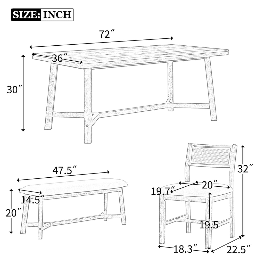 PORKISS 6 - Piece Dining Room Set, Farmhouse Dining Table Set with Bench and 4 Upholstered Chairs, Natural