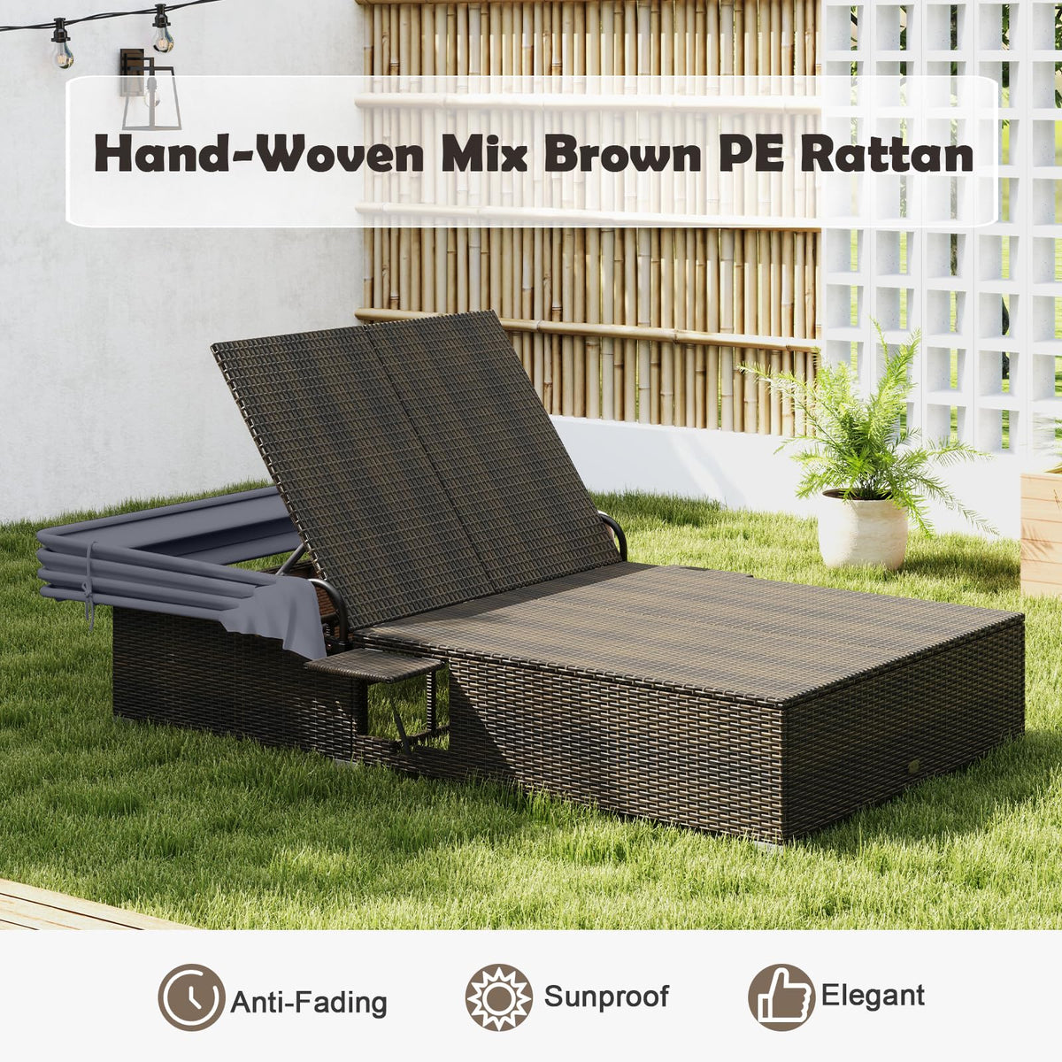 Tangkula Outdoor Rattan Daybed with Canopy & 6-Level Adjustable Backrests