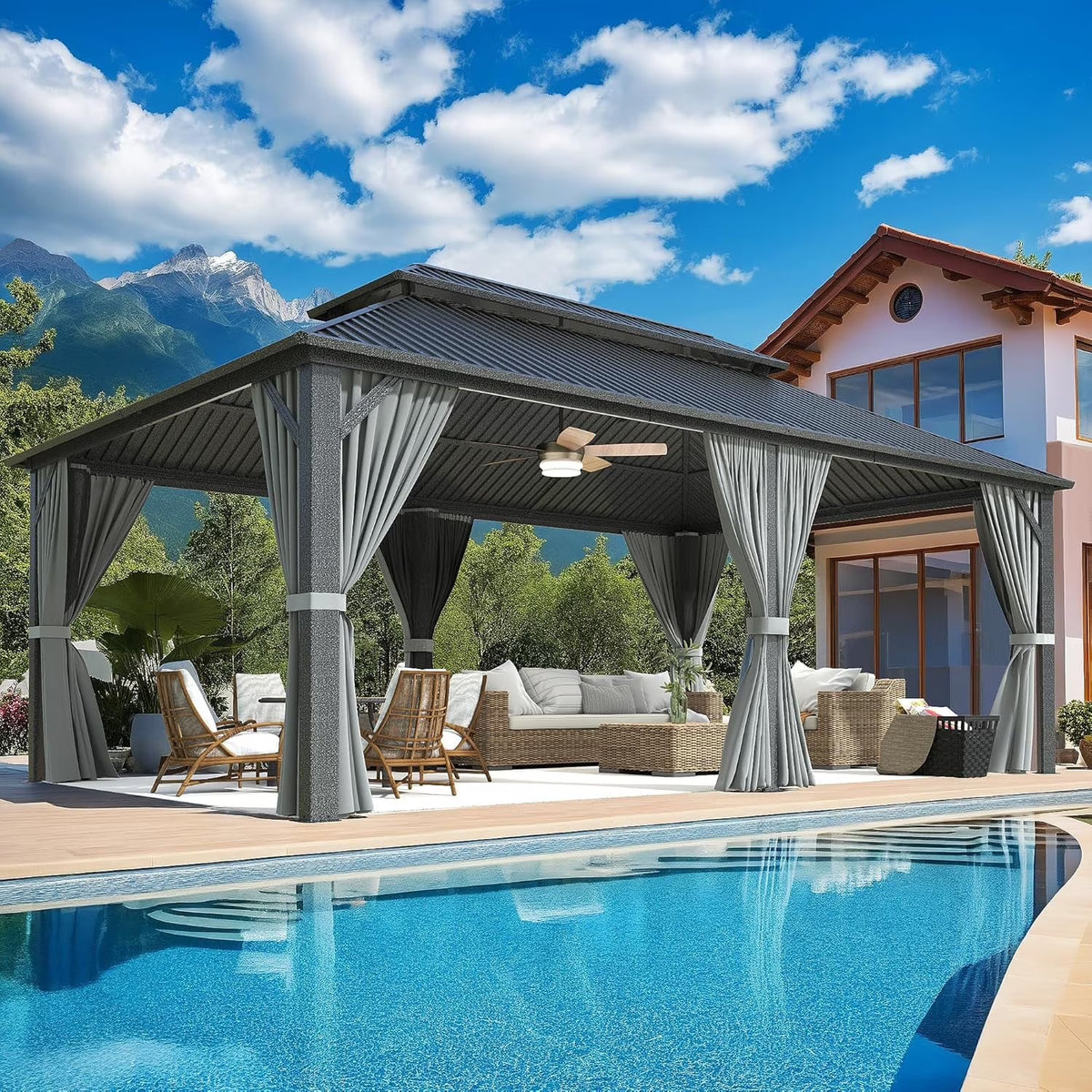 MUCHANT 10'X12' Hardtop Gazebo with Aluminum Frame, Permanent Outdoor Pavilion Metal Gazebo with Galvanized Steel Double Roof & Mosquito Netting and Curtains for Patios, Gardens, Lawns, Gray