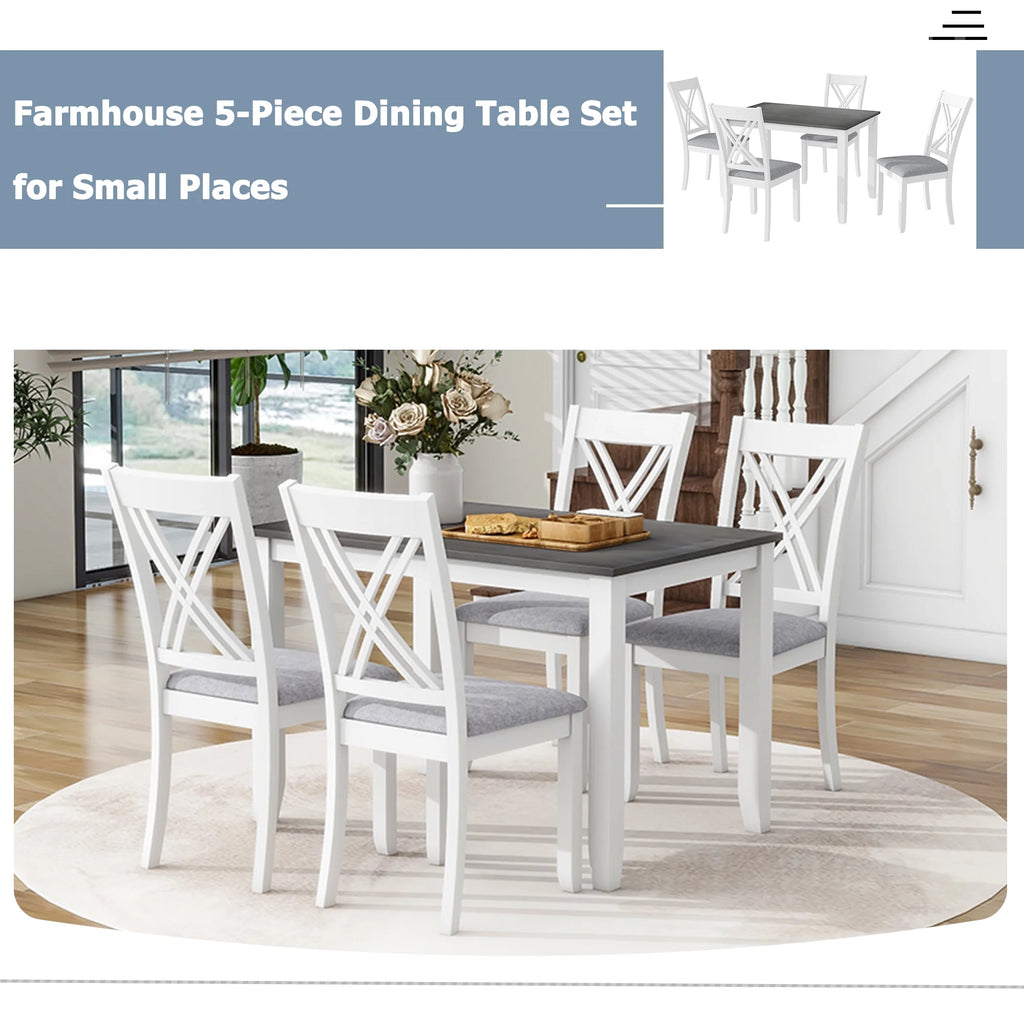 Seizeen Solid Wood Kitchen Table and Chairs, Dining Room Table Set for 4 with Gray Upholstered Chairs, Wood Grain Table Heavy - Duty Frame, Rustic Minimalist Style Breakfast Nook Set