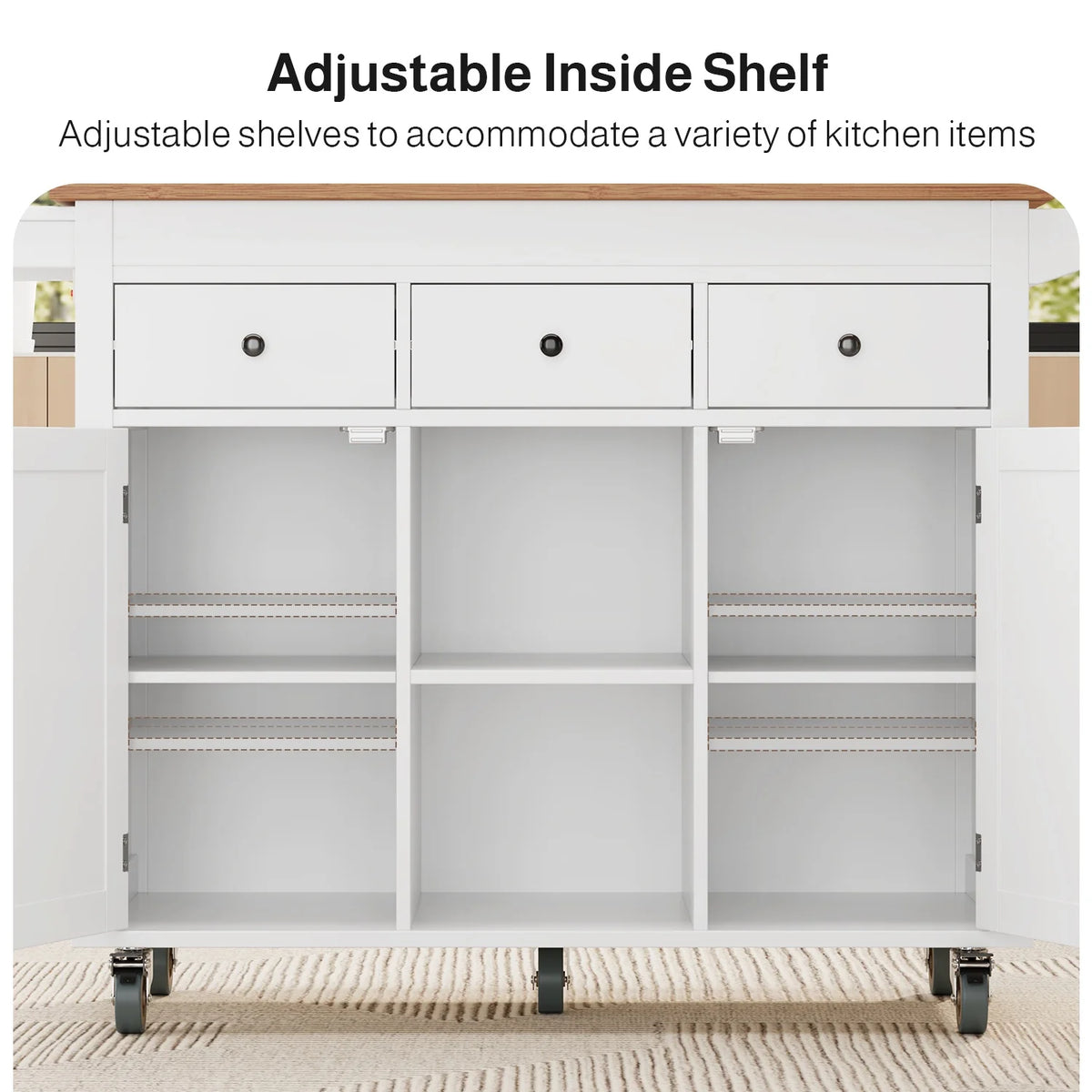 Noelse Rolling Kitchen Island with Drop Leaf Table and Hidden Trash Cabinet, Mobile Kitchen Cart with Storage Drawer, Adjustable Shelves & Rubberwood Countertop on Wheels, White
