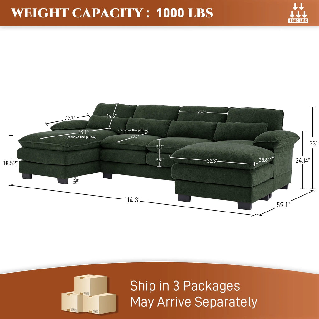 Rophefx 114.3" U Shaped Sectional Couches for Living Room, Cloud Couch, 4 Seats Chenille Couch with Double Layer Cushion, Orange