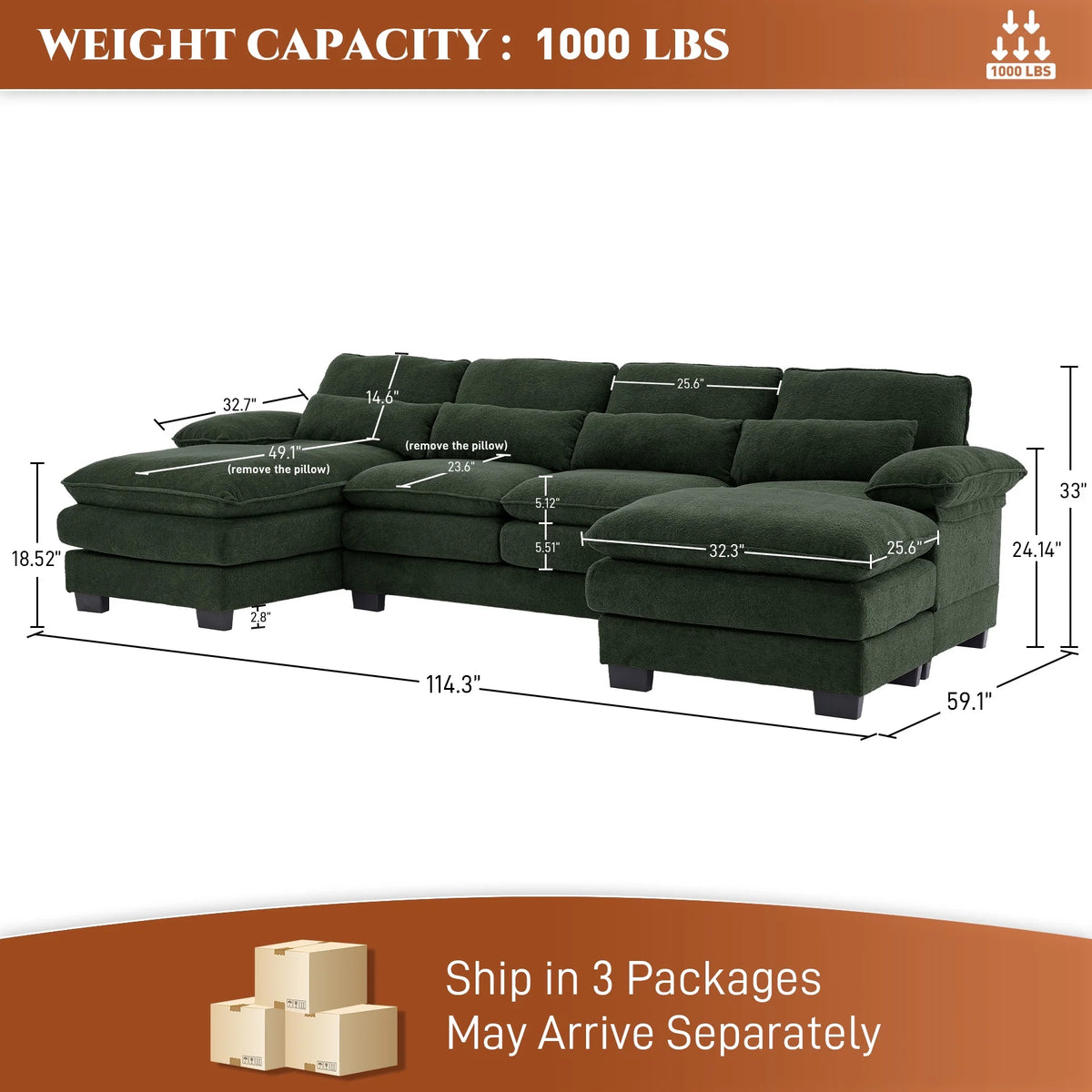 Rophefx 114.3" U Shaped Sectional Couches for Living Room, Cloud Couch, 4 Seats Chenille Couch with Double Layer Cushion, Orange