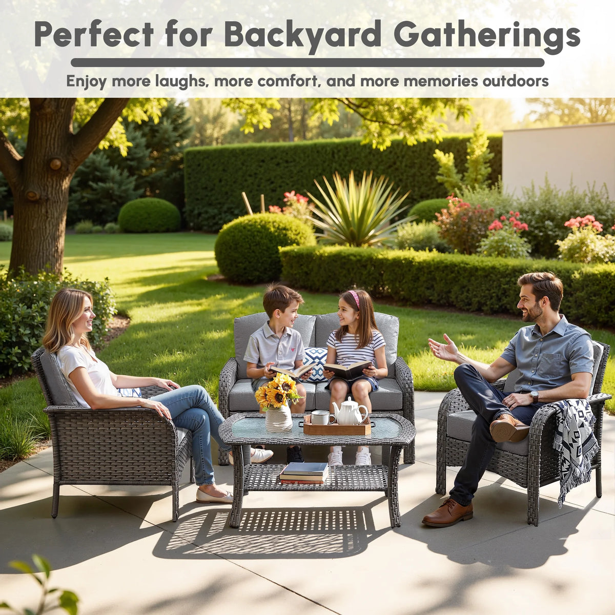 Ovios 4 Pieces Wicker Outdoor Patio Furniture with Coffee Table High Back All-Weather Rattan Outdoor Sectional Conversation Set for Backyard Porch Garden, Denim Blue