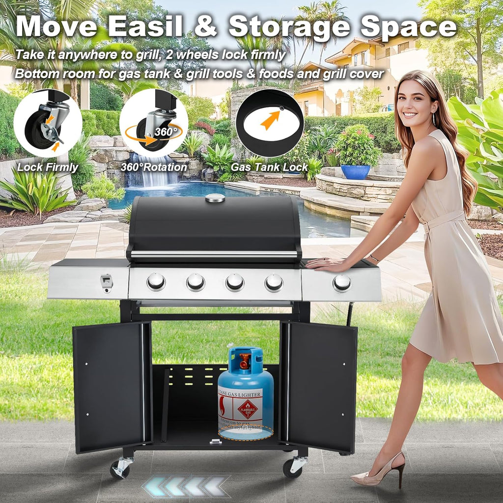Upgraded 4 Burner Bbq Propane Gas Grill with Cast Iron Grates & Side Stove, 44,000 btu Stainless Steel Burner Barbecue Grill for Patio,…