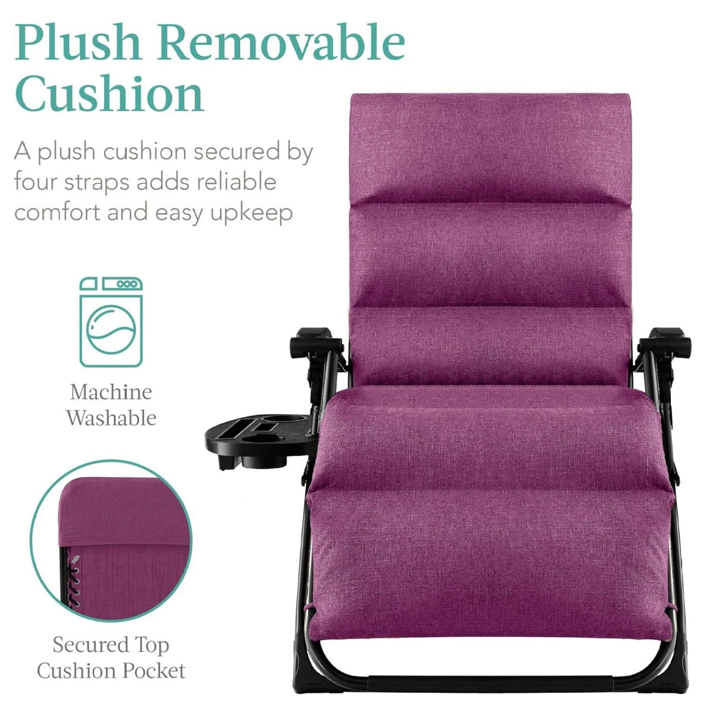 Oversized Chair, Folding Outdoor Patio Recliner, XL Anti Gravity Lounger W/Removable Cushion, Cup Holder, Side Tray, 350 lb Capacity - Taupe
