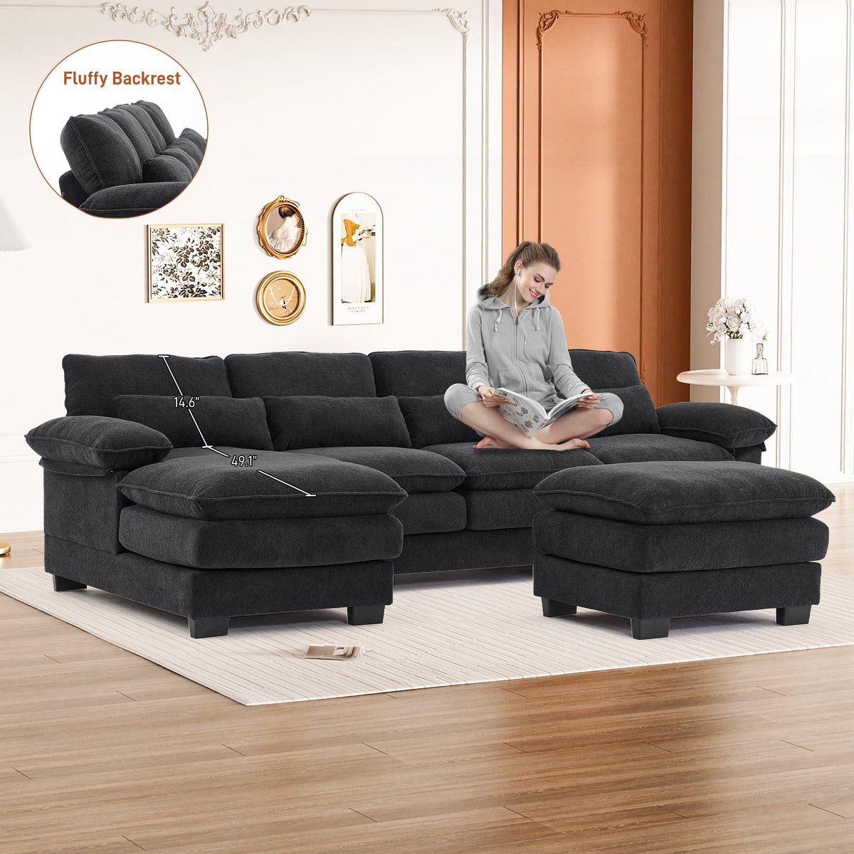 Rophefx 114.3" U Shaped Sectional Couches for Living Room, Cloud Couch, 4 Seats Chenille Couch with Double Layer Cushion, Orange