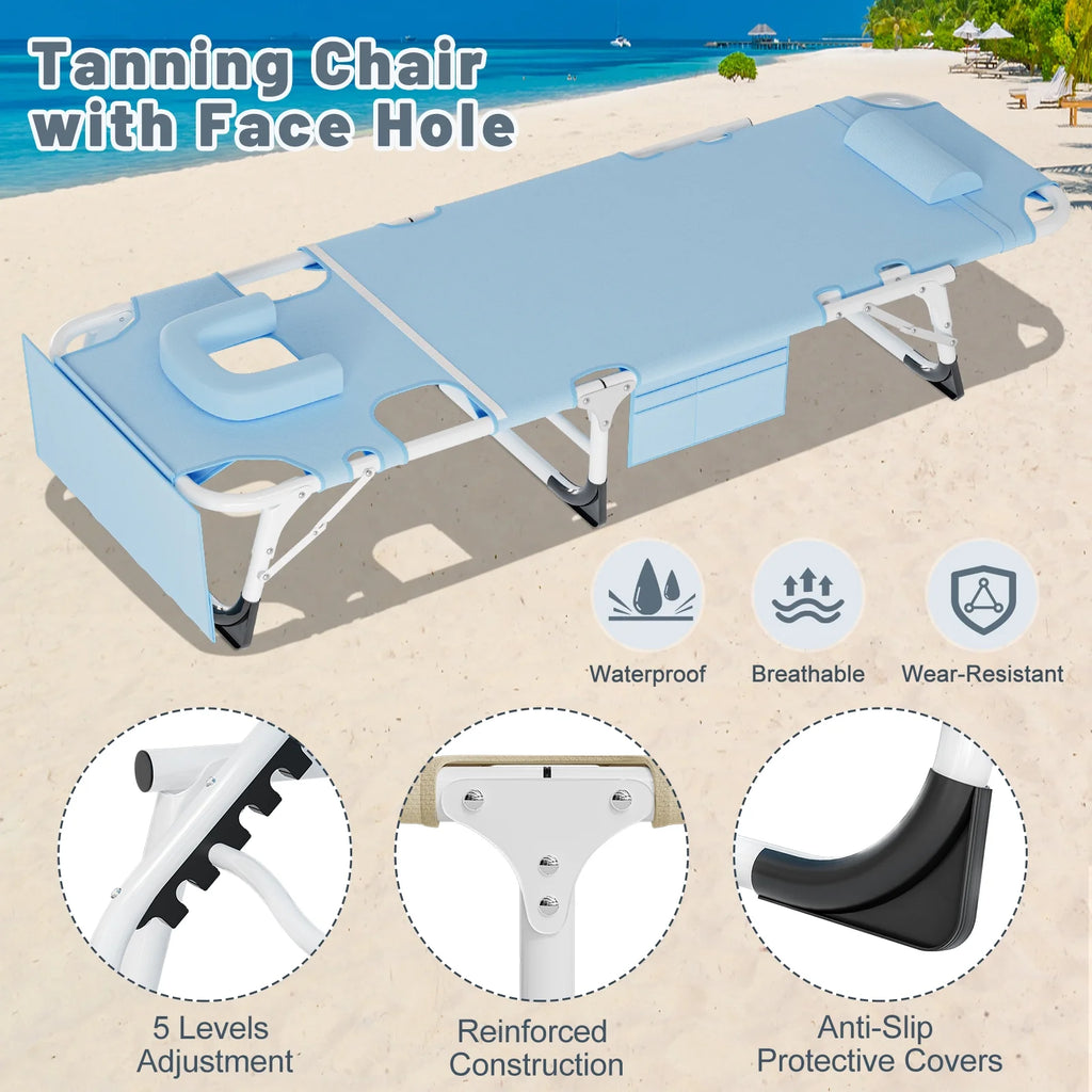 MOPHOTO Lounge Chair with Mattress, Outdoor Chaise Lounge Support 440 lb, Adjustable Portable Heavy Duty Sleeping Cots Bed for Camping, Pool, Beach, Patio