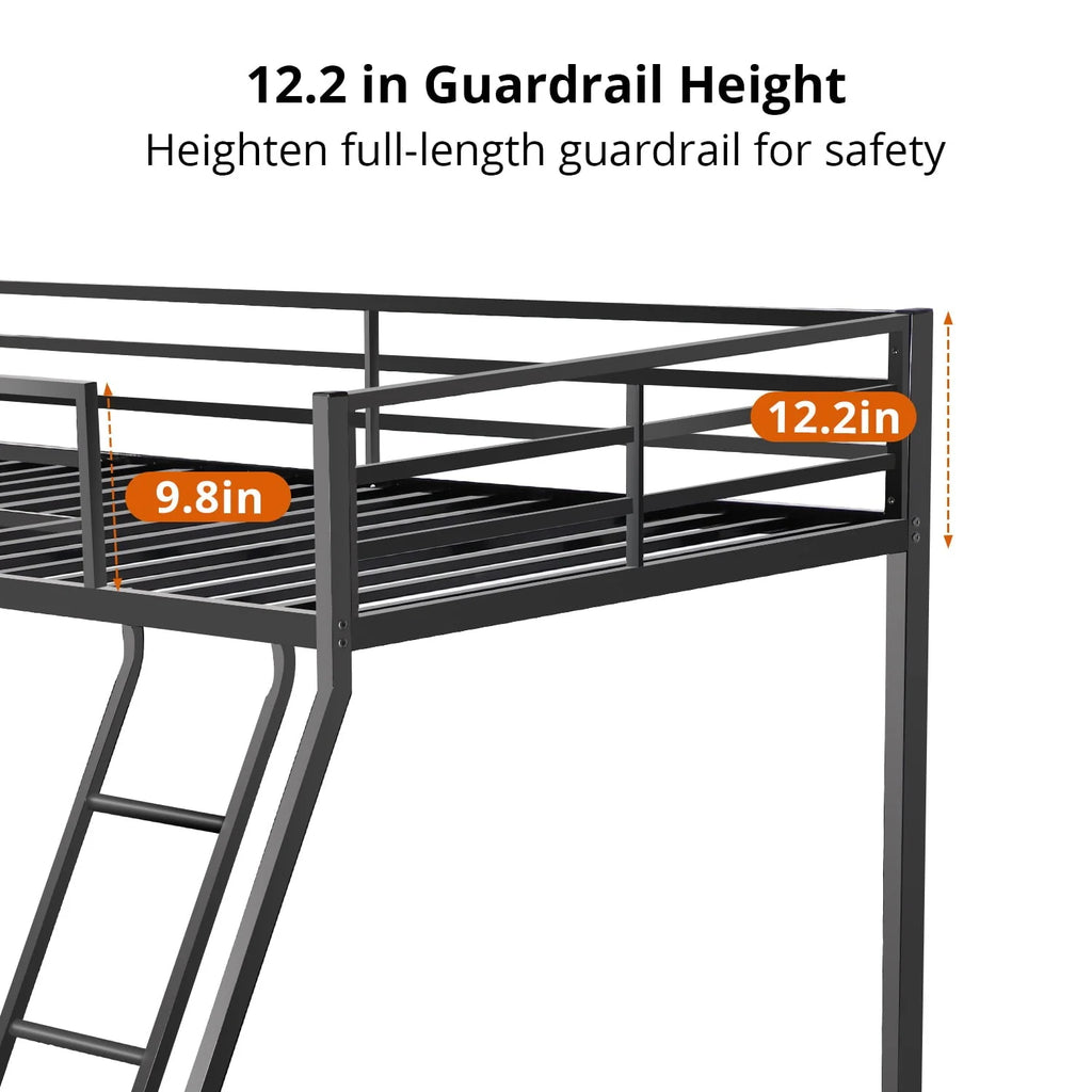 Twin Over Full Bunk Bed, Metal Bunk Bed Frame, Noise Free Floor Bunk Beds with Guardrails & Ladder for Kids Teens Adults, No Box Spring Needed, Black