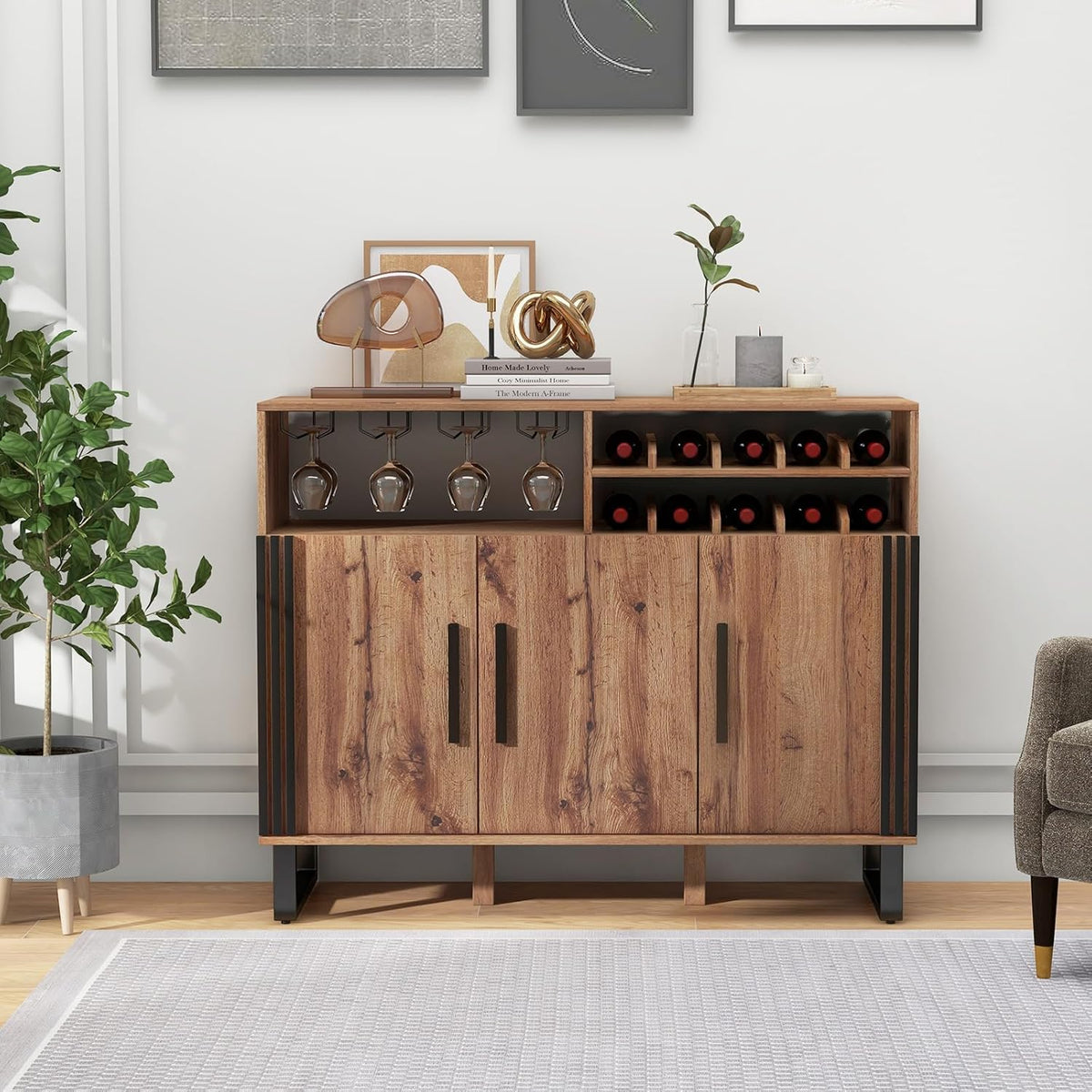 Wine Bar Sideboard with Three Doors and Glass Holder, Brown