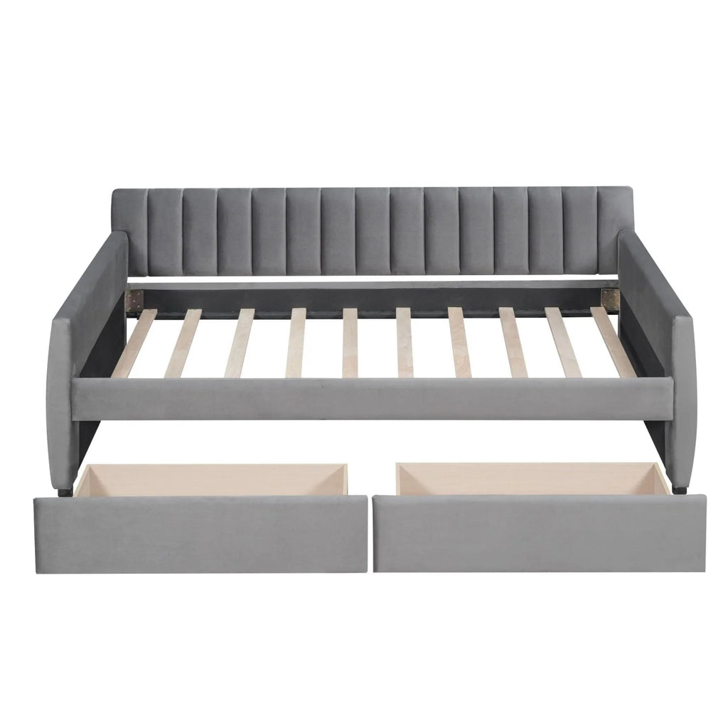 Twin Size Daybed with 2 Storage Drawers, Tufted Upholstered Sofa Bed Frame with and Wood Slat Support, Perfect for Bedroom, Gray