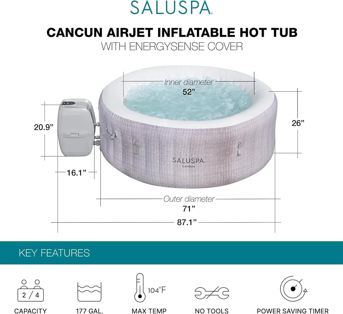 Large Round 2 to 4 Person Inflatable Hot Tub Portable Outdoor Spa with 120 Airjets and Energysense Cover, Grey