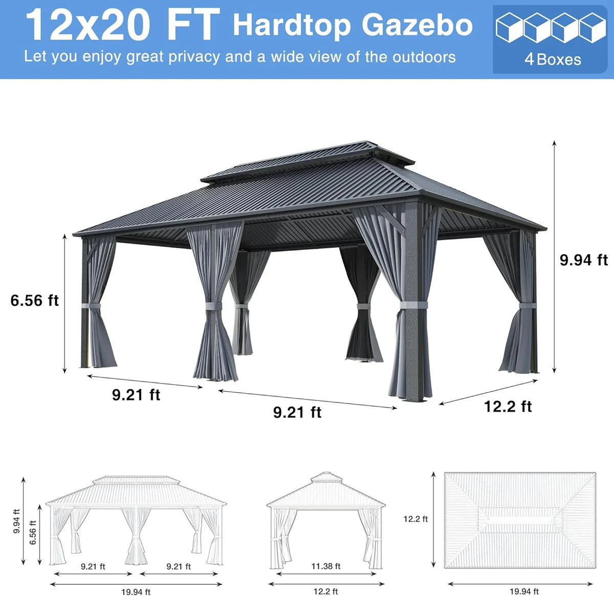 MUCHANT 10'X12' Hardtop Gazebo with Aluminum Frame, Permanent Outdoor Pavilion Metal Gazebo with Galvanized Steel Double Roof & Mosquito Netting and Curtains for Patios, Gardens, Lawns, Gray