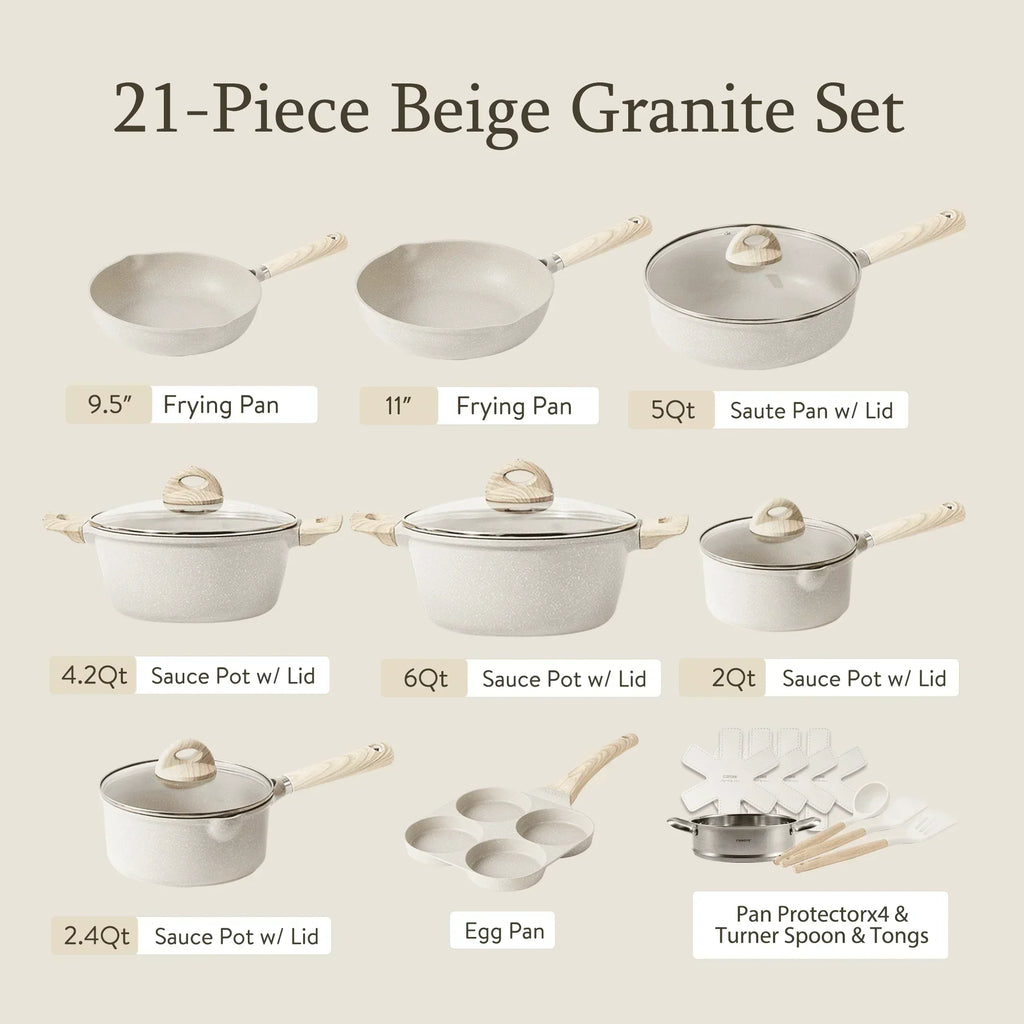 Non Stick Pots and Pans Set. 21 Pcs Induction Kitchen Cookware Sets (Beige Granite)